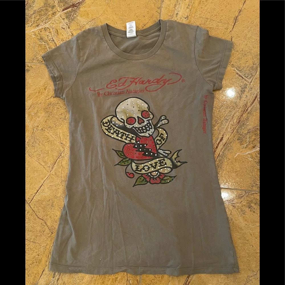 Ed Hardy Long Skinny Tee w/ Bedazzled Skull Size S